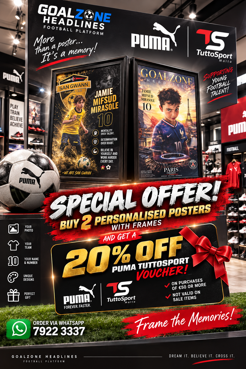 GoalZone Headlines special offer: buy 2 personalised framed posters and get a 20% off Puma TuttoSport voucher