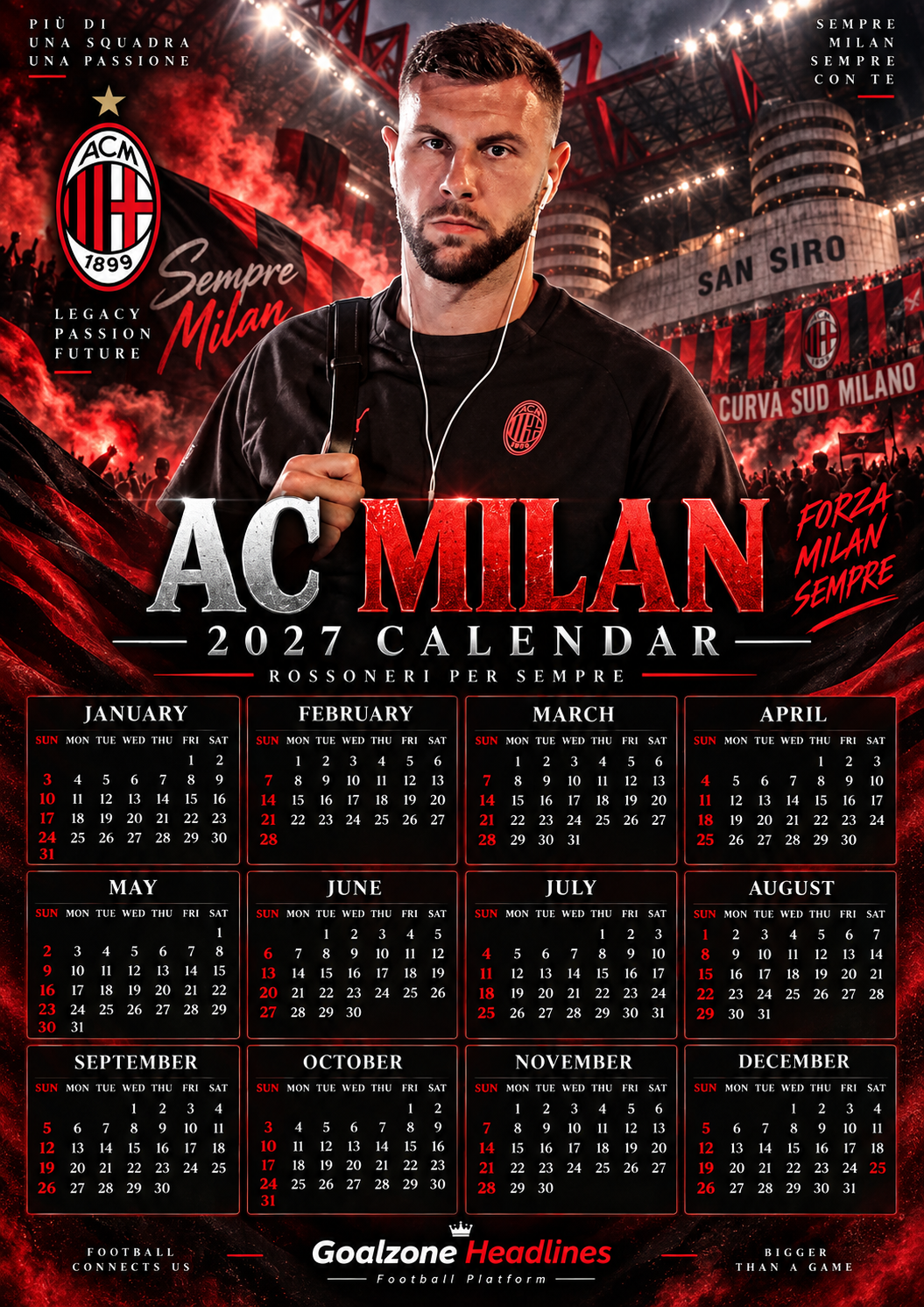 AC Milan 2027 calendar with player portrait at San Siro