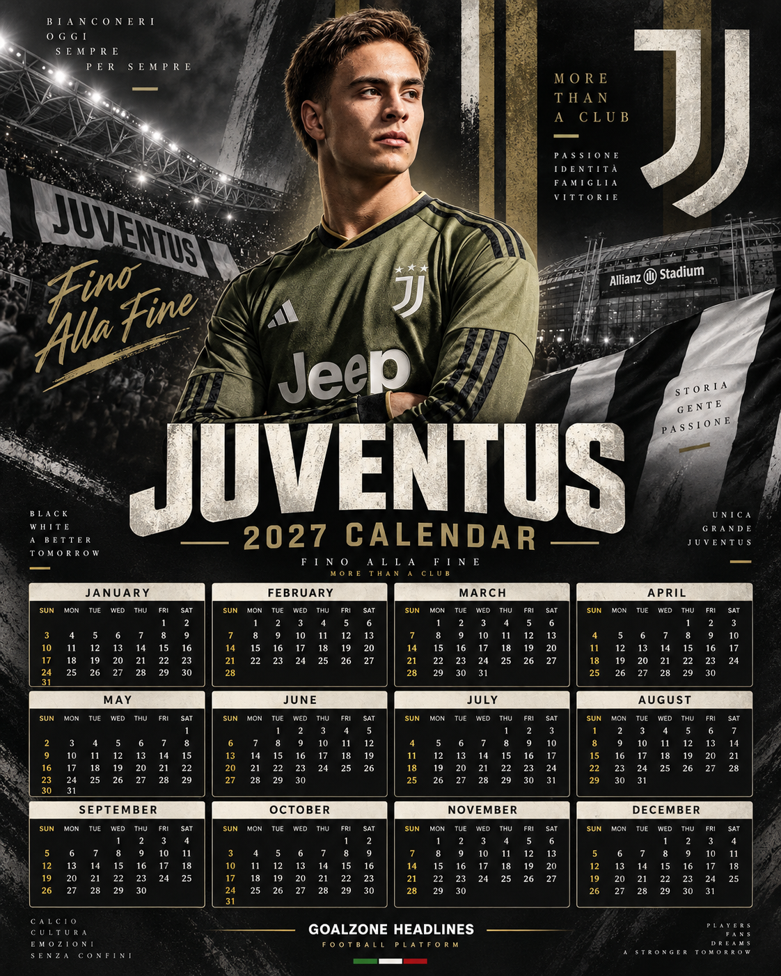 Juventus 2027 calendar with player in green away kit