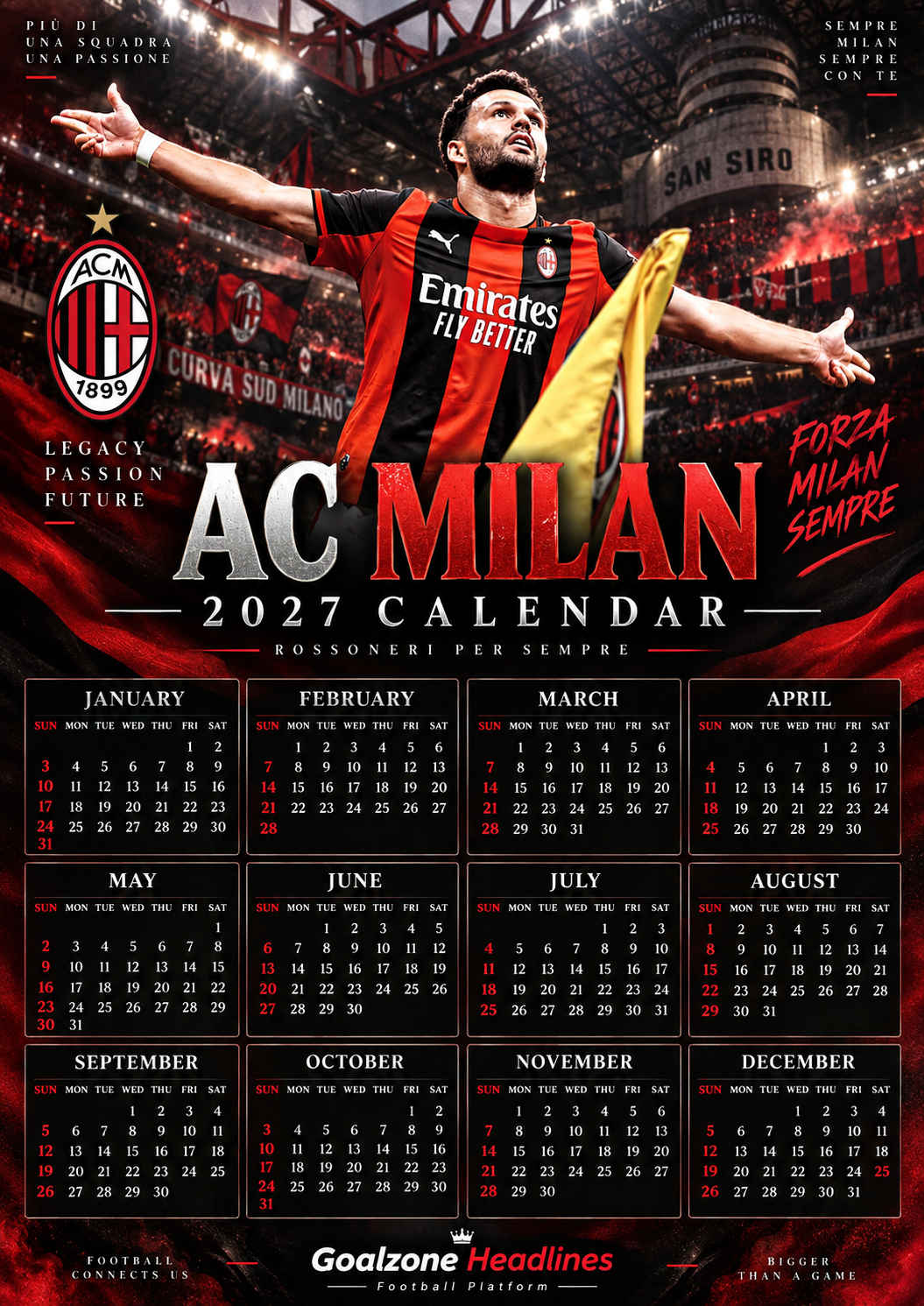 AC Milan 2027 calendar with player celebrating at San Siro