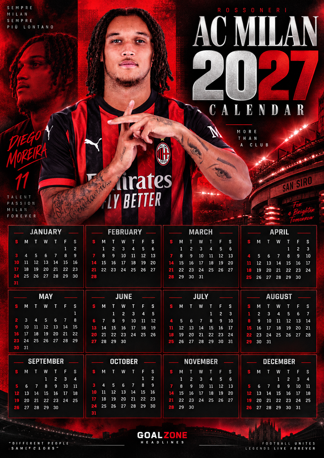 AC Milan Diego Moreira 2027 personalised football calendar