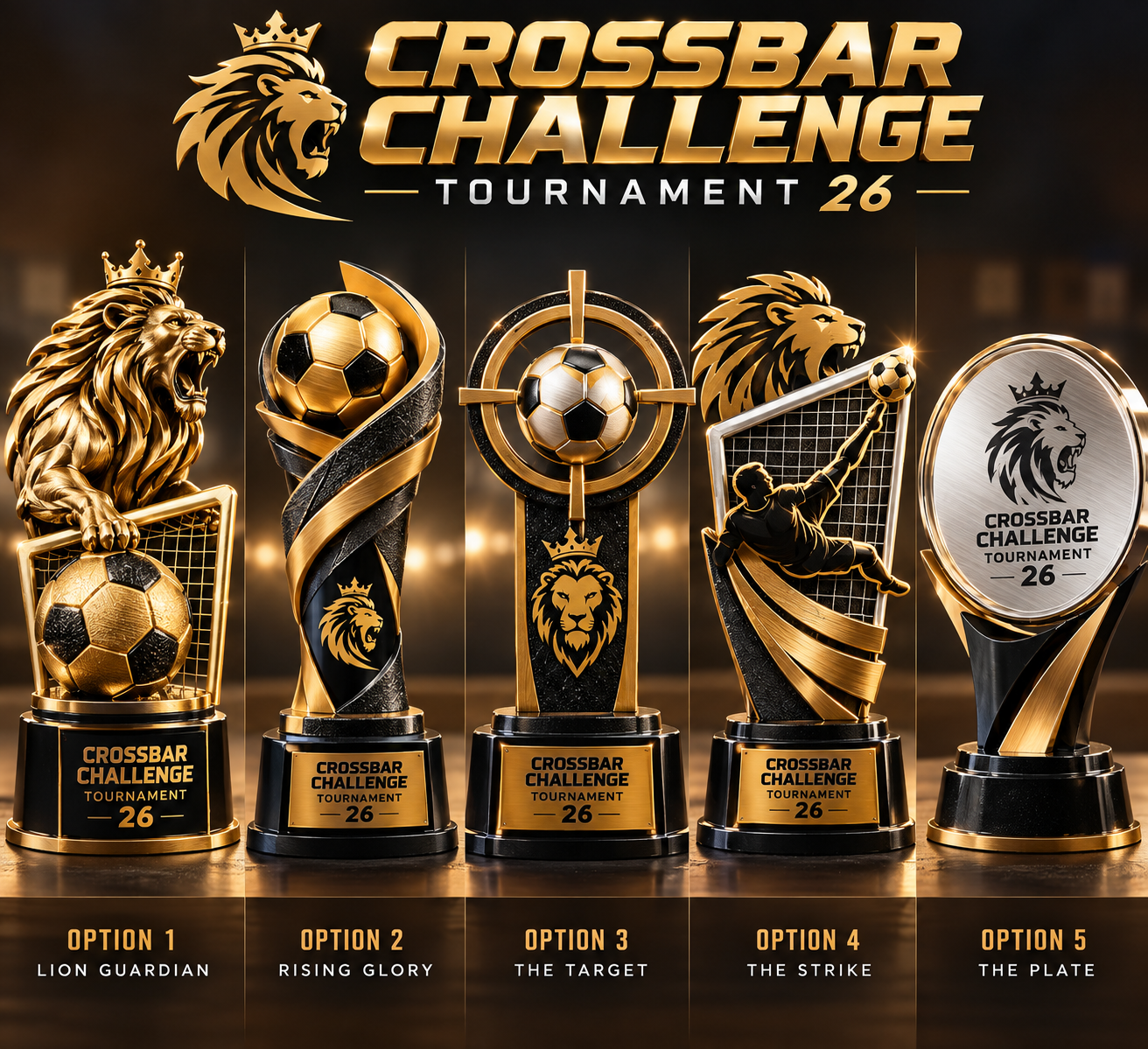 Five custom Crossbar Challenge Tournament 26 trophy designs by LayerCraft MT: Lion Guardian, Rising Glory, The Target, The Strike and The Plate