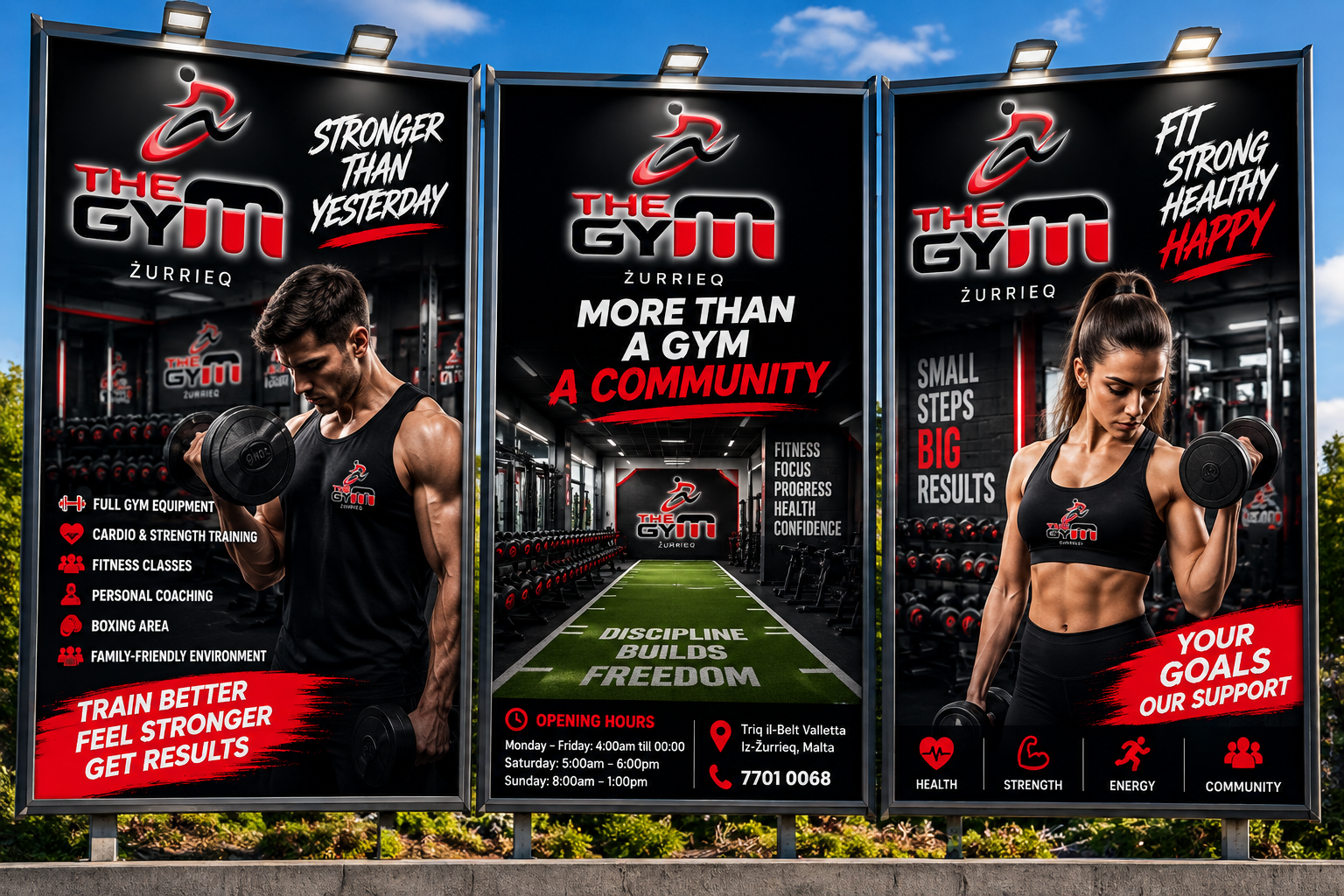 The GYM Żurrieq sponsor billboard with gym facilities and opening hours