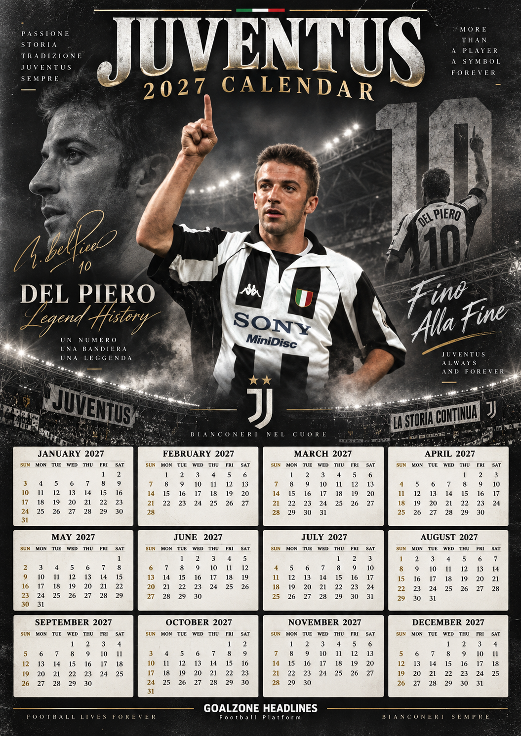 Juventus Alessandro Del Piero 2027 personalised football calendar