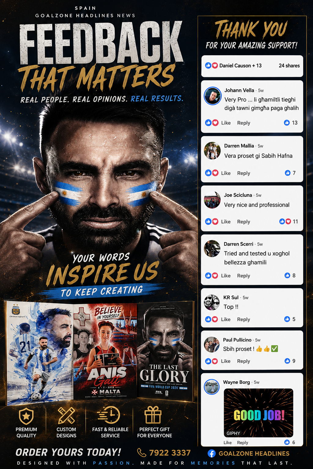 GoalZone Headlines customer feedback collage: real comments and reviews from happy poster buyers