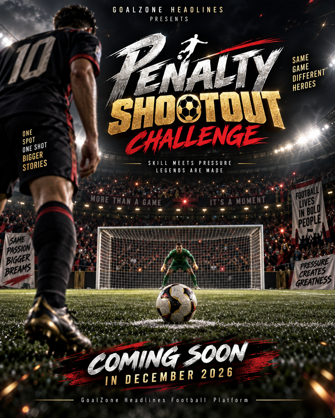 GoalZone Headlines Penalty Shootout Challenge promotional poster — Coming 14 November 2026