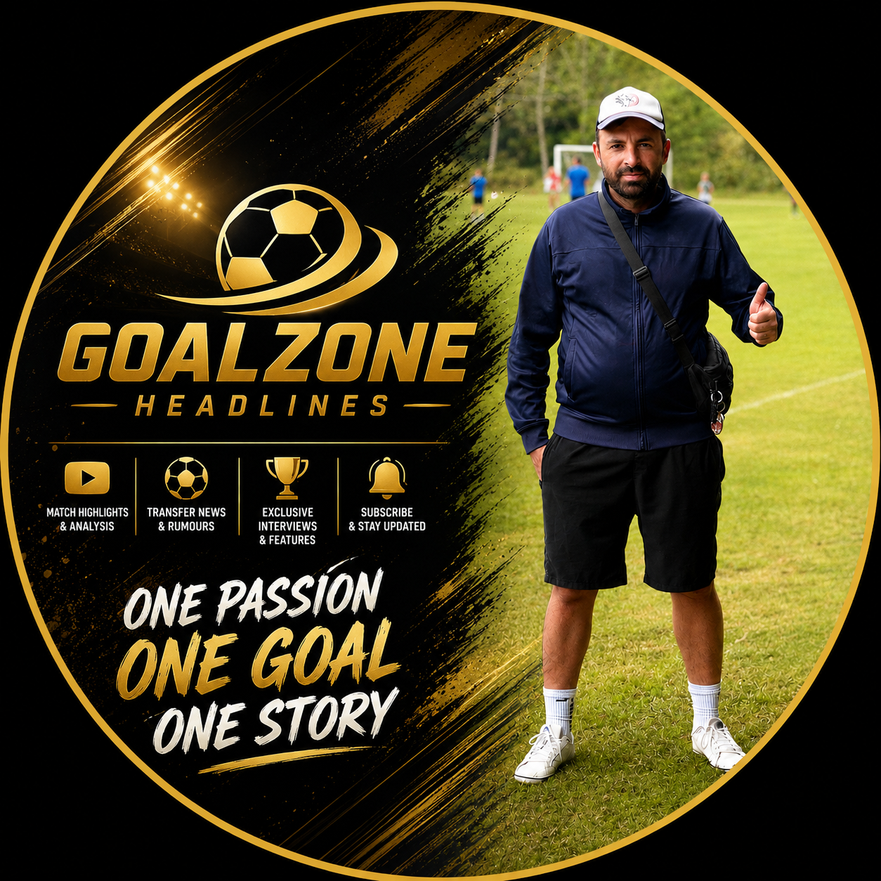 GoalZone Headlines branded poster example with coach on a football pitch