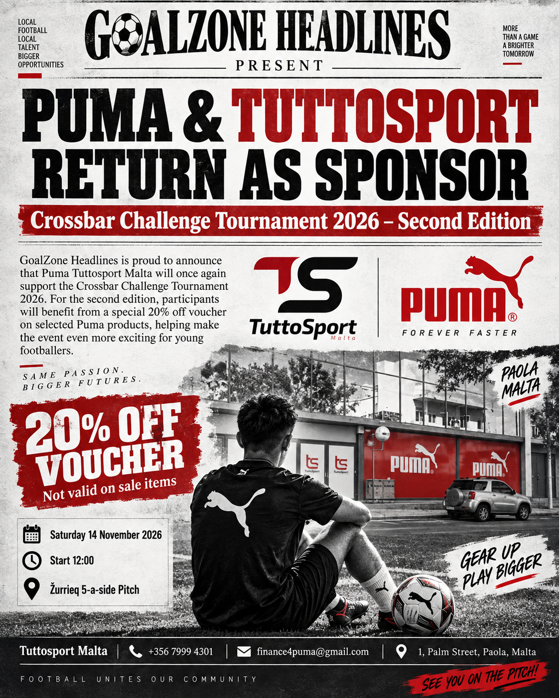 Puma and TuttoSport Malta Crossbar Challenge Tournament 2026 sponsor promotion